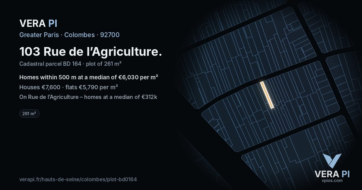103 Rue de l’Agriculture, Colombes at night – the plot lit, the parcels around coloured by the prices near them
