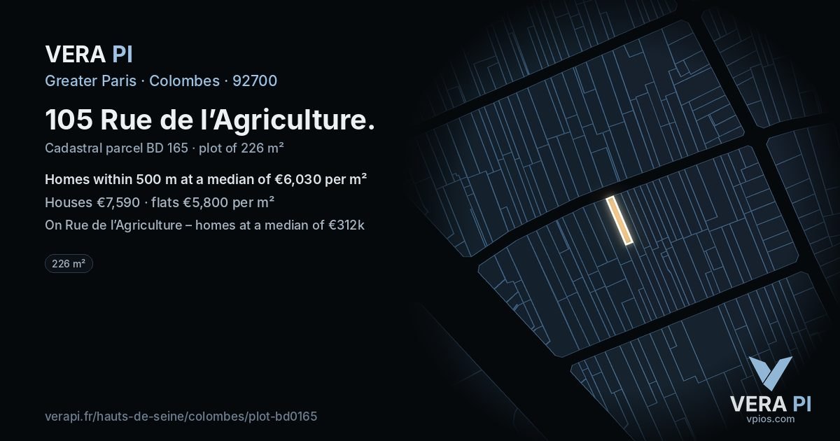 105 Rue de l’Agriculture, Colombes at night – the plot lit, the parcels around coloured by the prices near them