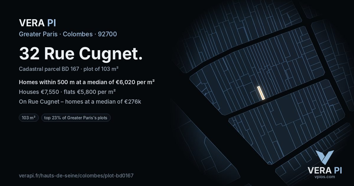 32 Rue Cugnet, Colombes at night – the plot lit, the parcels around coloured by the prices near them