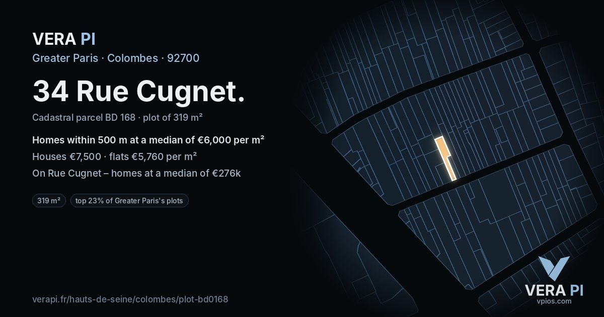 34 Rue Cugnet, Colombes at night – the plot lit, the parcels around coloured by the prices near them