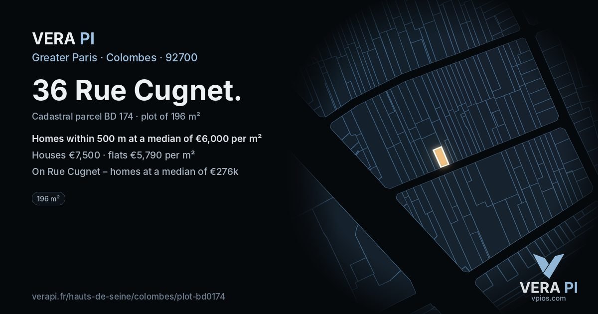 36 Rue Cugnet, Colombes at night – the plot lit, the parcels around coloured by the prices near them