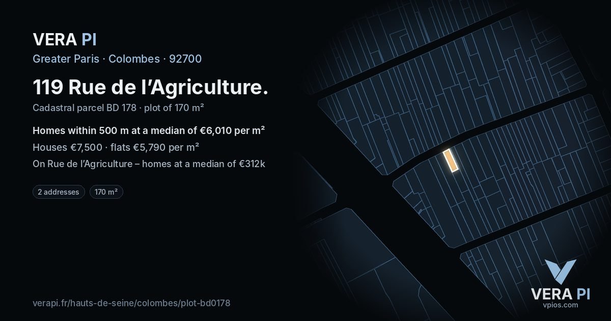 119 Rue de l’Agriculture, Colombes at night – the plot lit, the parcels around coloured by the prices near them