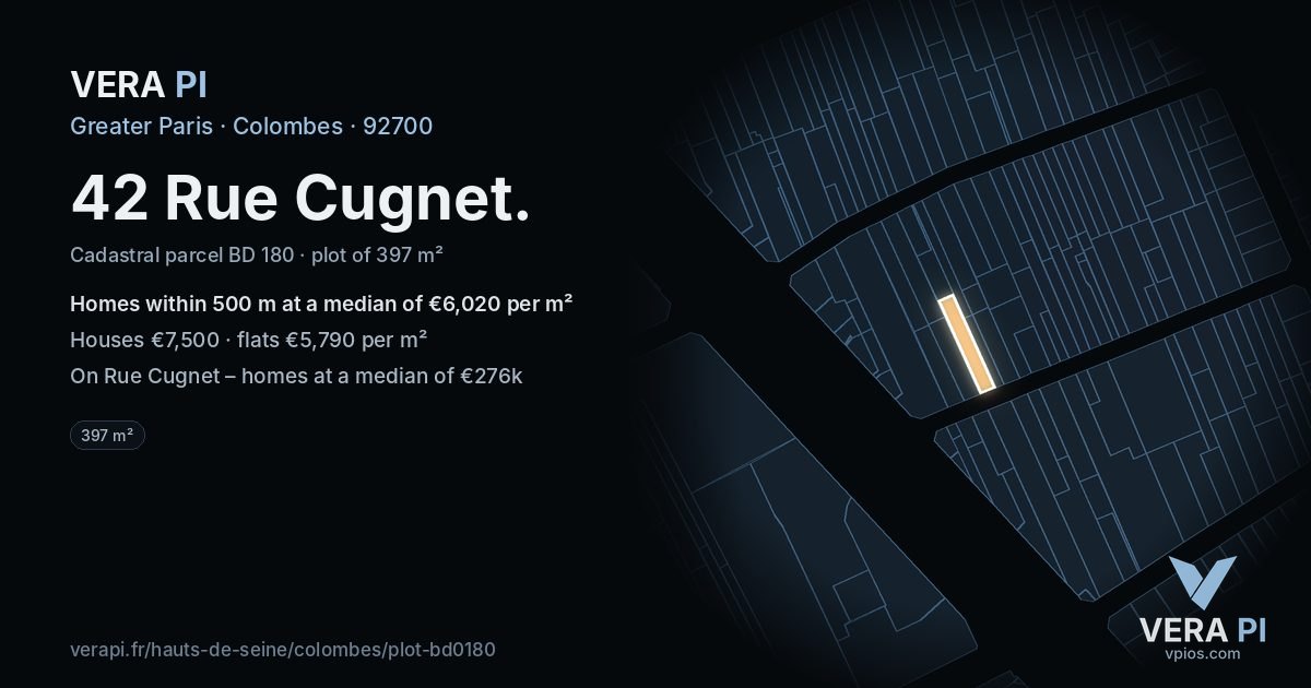 42 Rue Cugnet, Colombes at night – the plot lit, the parcels around coloured by the prices near them