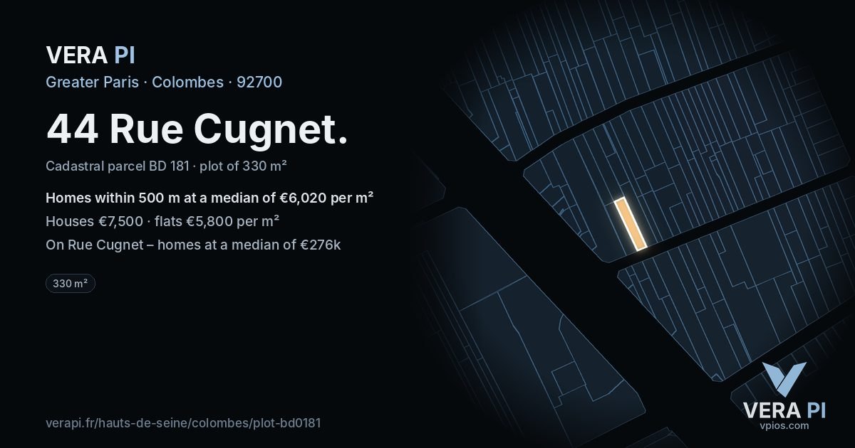 44 Rue Cugnet, Colombes at night – the plot lit, the parcels around coloured by the prices near them