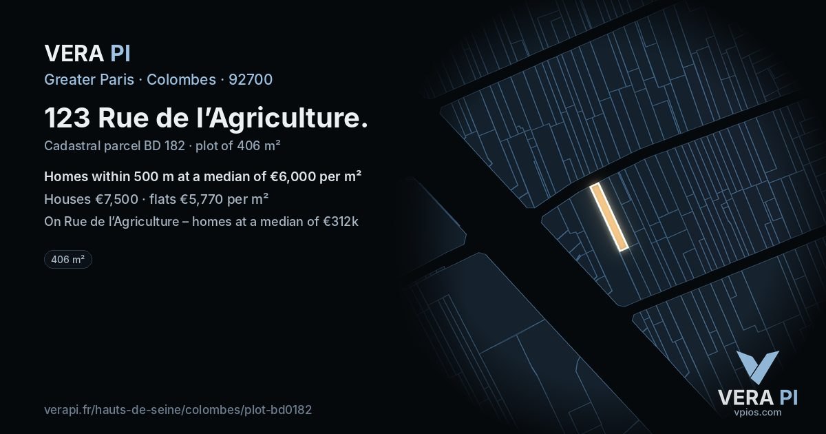 123 Rue de l’Agriculture, Colombes at night – the plot lit, the parcels around coloured by the prices near them