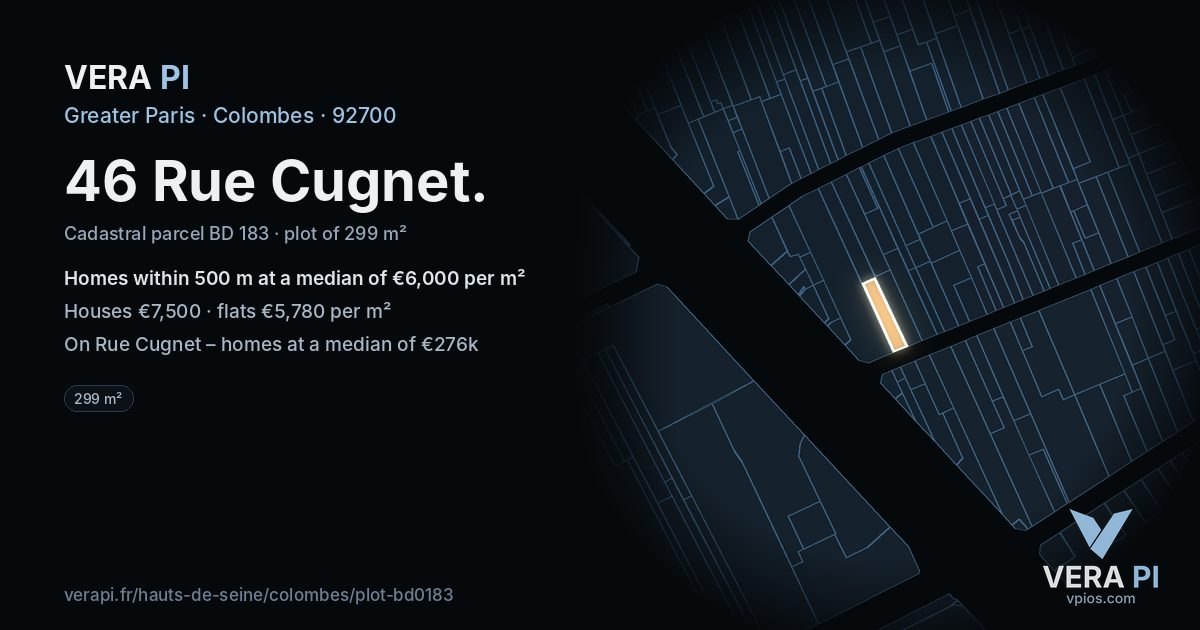 46 Rue Cugnet, Colombes at night – the plot lit, the parcels around coloured by the prices near them