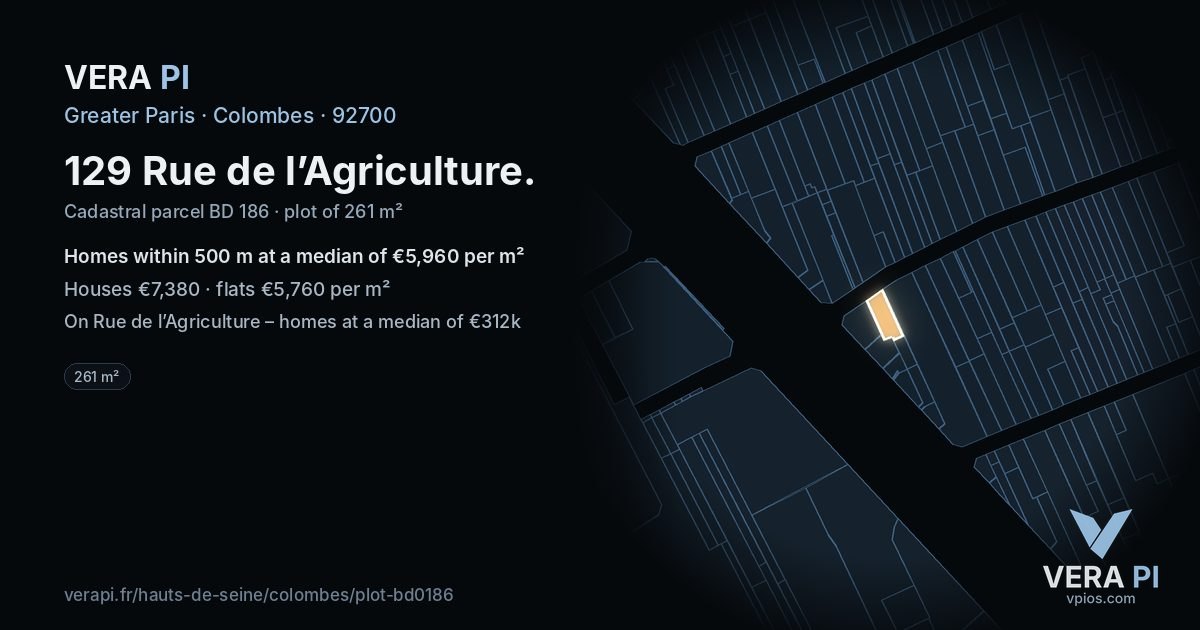 129 Rue de l’Agriculture, Colombes at night – the plot lit, the parcels around coloured by the prices near them
