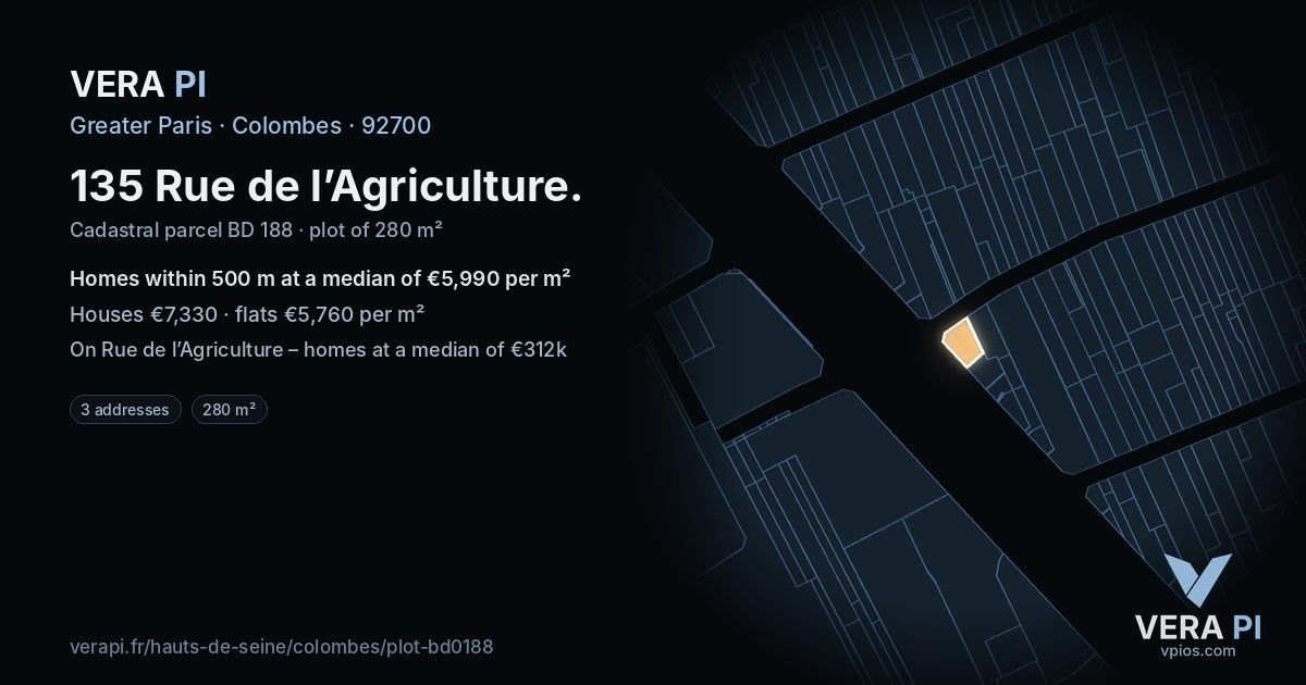135 Rue de l’Agriculture, Colombes at night – the plot lit, the parcels around coloured by the prices near them