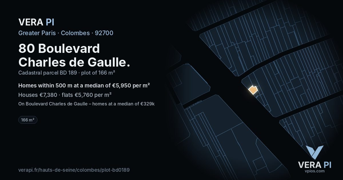 80 Boulevard Charles de Gaulle, Colombes at night – the plot lit, the parcels around coloured by the prices near them