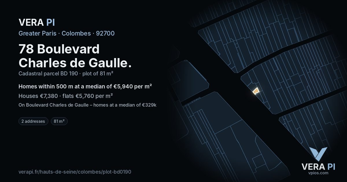 78 Boulevard Charles de Gaulle, Colombes at night – the plot lit, the parcels around coloured by the prices near them