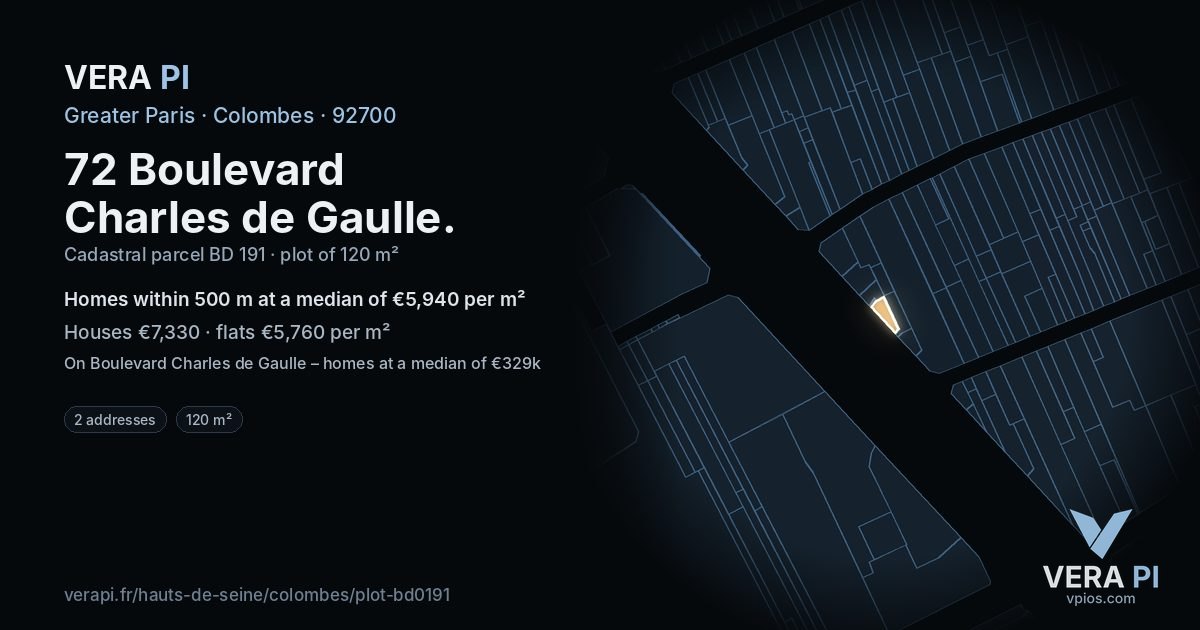 72 Boulevard Charles de Gaulle, Colombes at night – the plot lit, the parcels around coloured by the prices near them