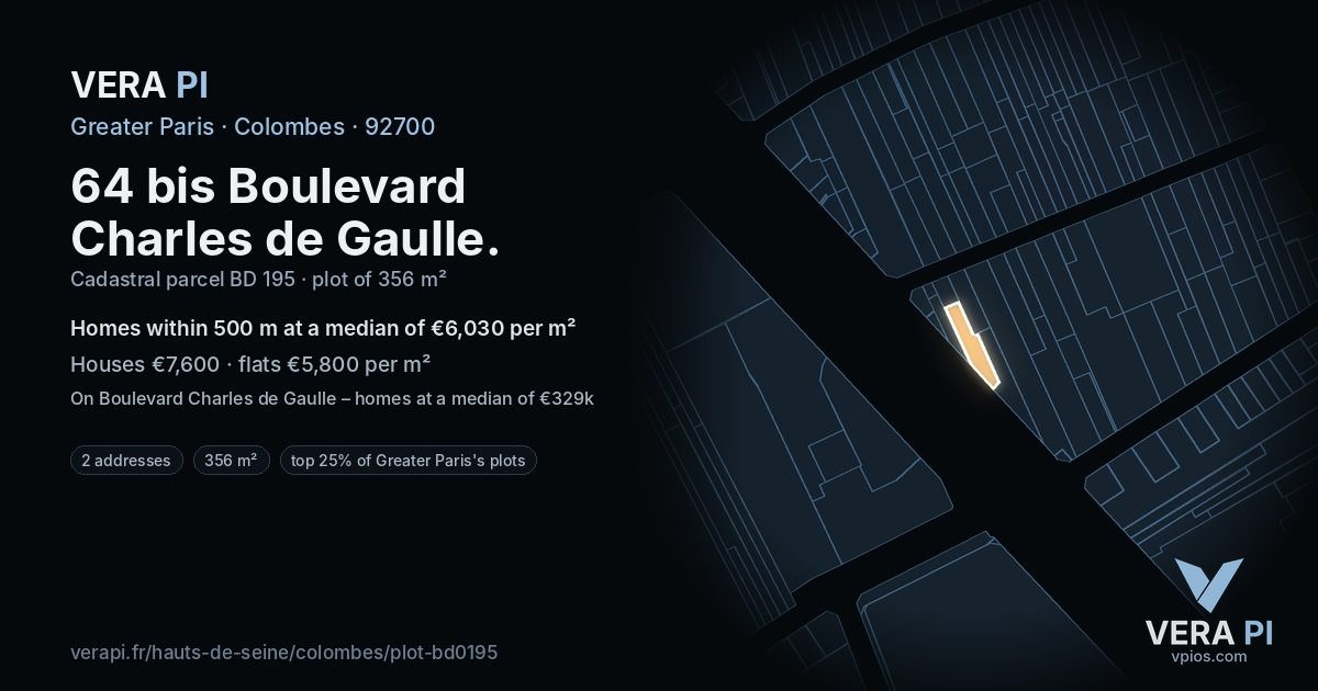 64 bis Boulevard Charles de Gaulle, Colombes at night – the plot lit, the parcels around coloured by the prices near them