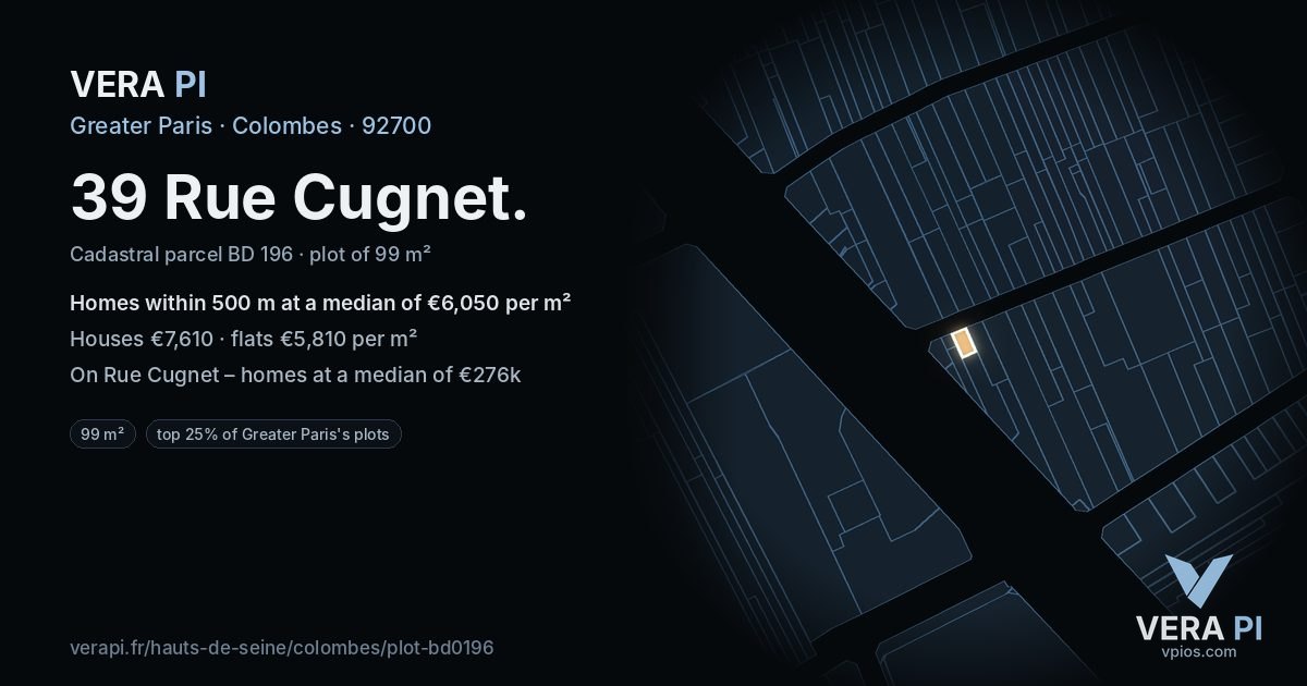 39 Rue Cugnet, Colombes at night – the plot lit, the parcels around coloured by the prices near them