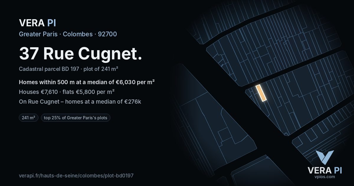 37 Rue Cugnet, Colombes at night – the plot lit, the parcels around coloured by the prices near them
