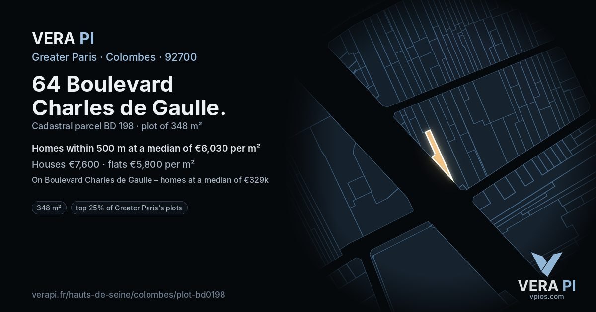 64 Boulevard Charles de Gaulle, Colombes at night – the plot lit, the parcels around coloured by the prices near them