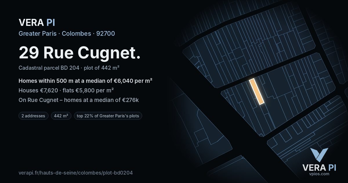 29 Rue Cugnet, Colombes at night – the plot lit, the parcels around coloured by the prices near them