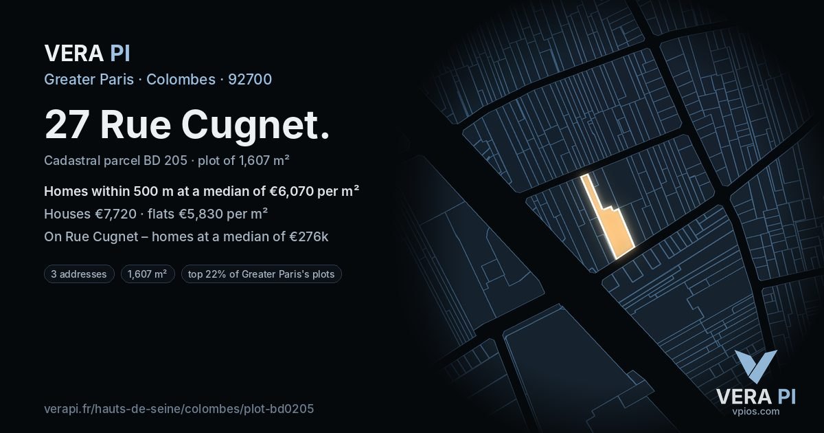 27 Rue Cugnet, Colombes at night – the plot lit, the parcels around coloured by the prices near them