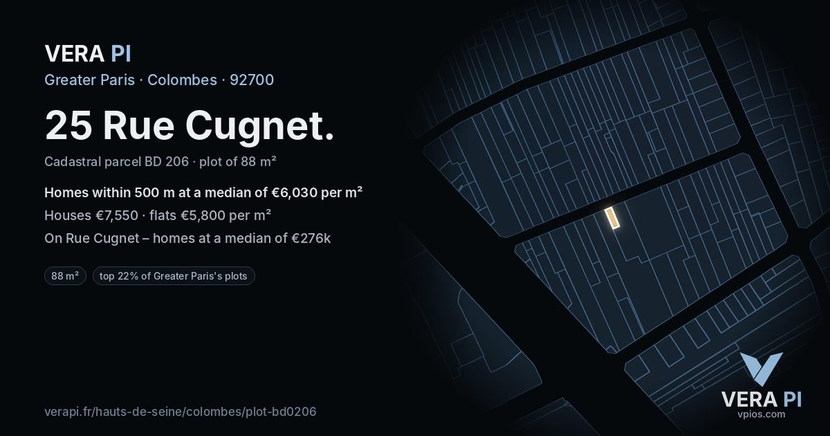 25 Rue Cugnet, Colombes at night – the plot lit, the parcels around coloured by the prices near them