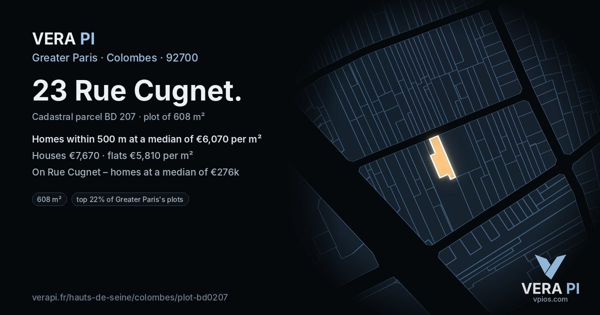 23 Rue Cugnet, Colombes at night – the plot lit, the parcels around coloured by the prices near them