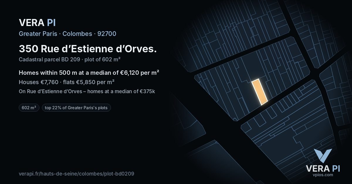 350 Rue d’Estienne d’Orves, Colombes at night – the plot lit, the parcels around coloured by the prices near them