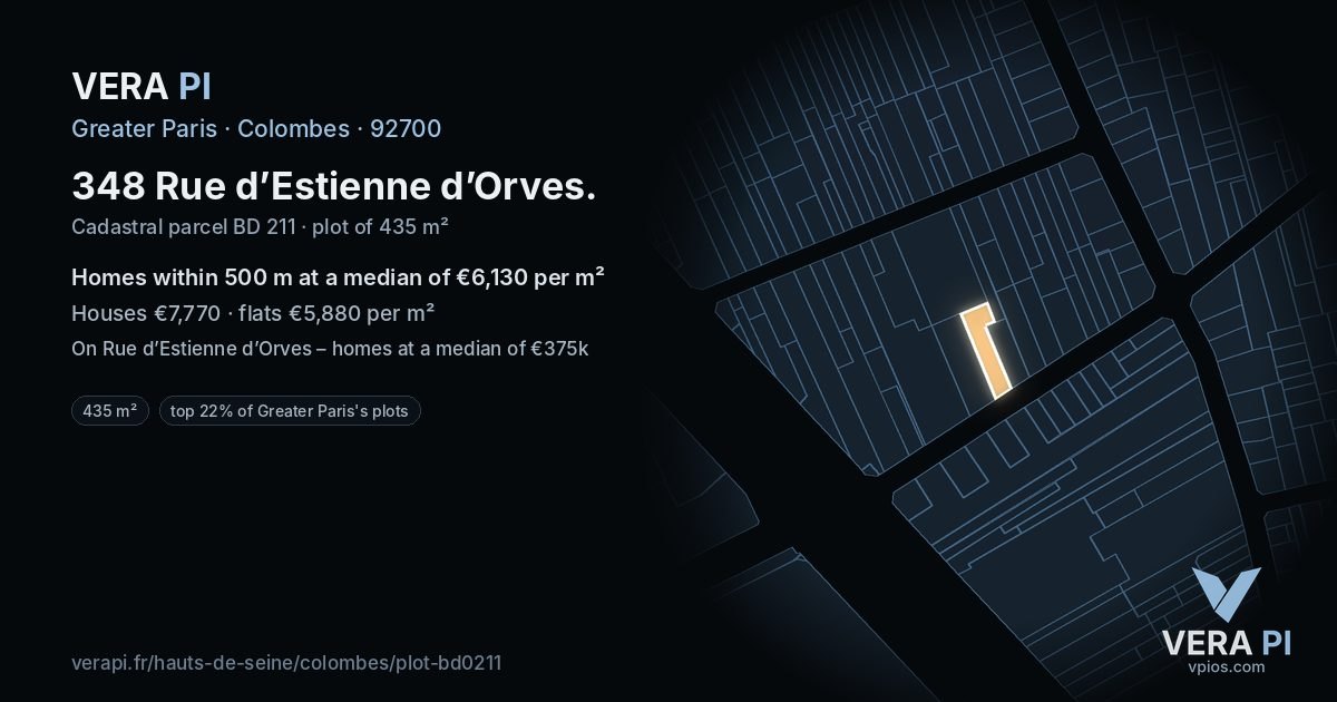 348 Rue d’Estienne d’Orves, Colombes at night – the plot lit, the parcels around coloured by the prices near them
