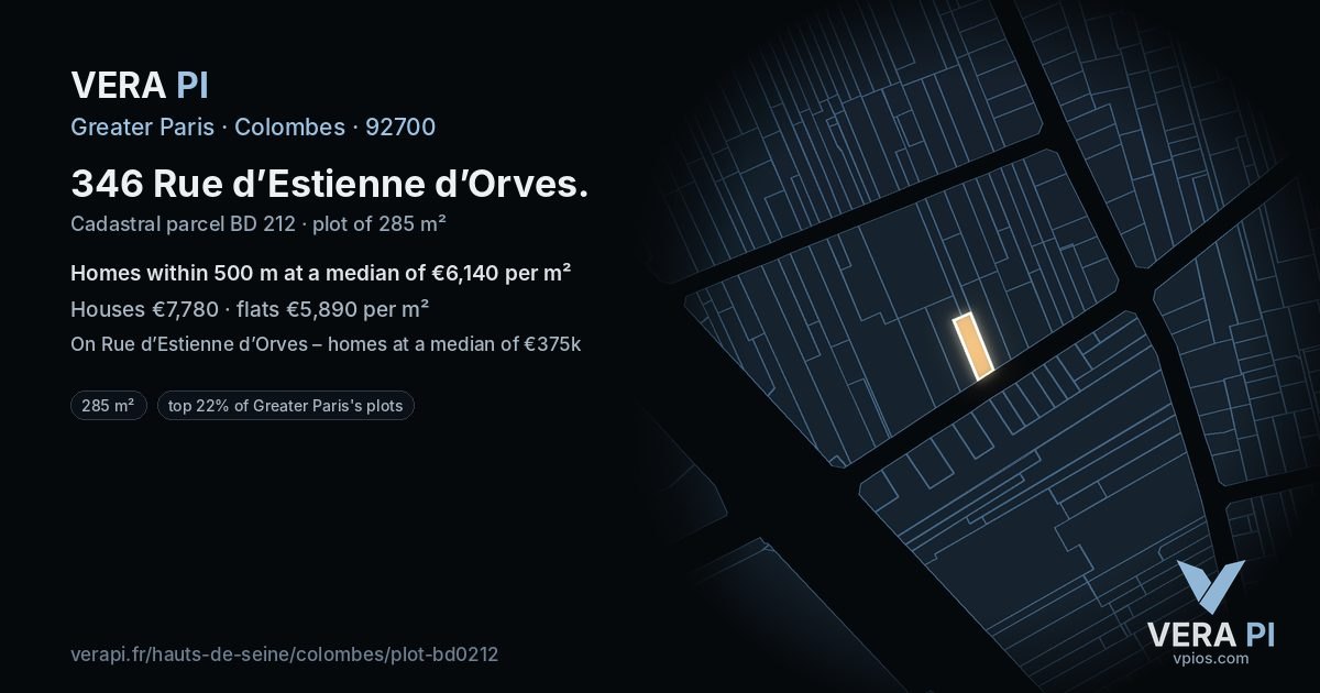 346 Rue d’Estienne d’Orves, Colombes at night – the plot lit, the parcels around coloured by the prices near them