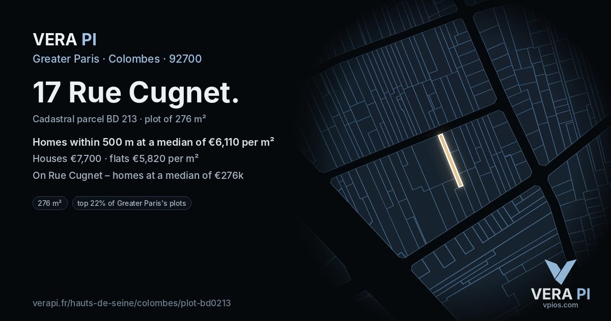 17 Rue Cugnet, Colombes at night – the plot lit, the parcels around coloured by the prices near them