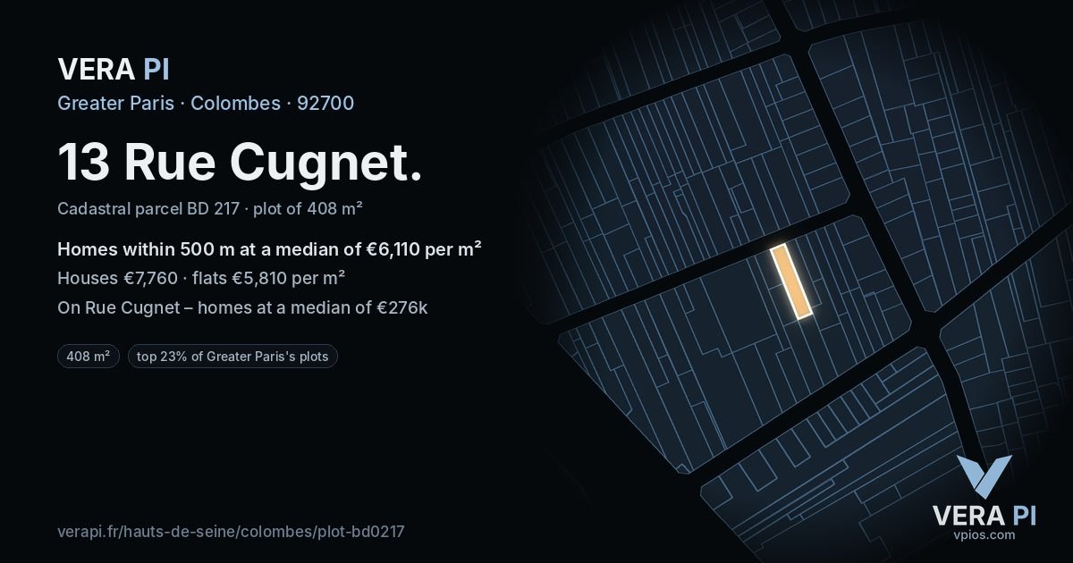 13 Rue Cugnet, Colombes at night – the plot lit, the parcels around coloured by the prices near them