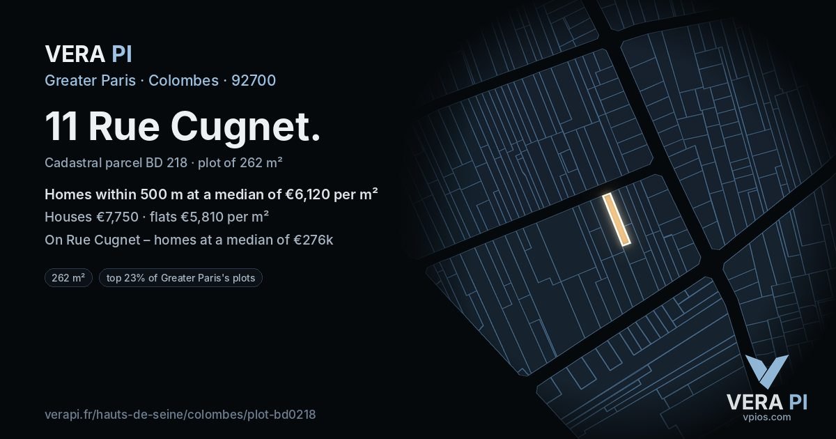 11 Rue Cugnet, Colombes at night – the plot lit, the parcels around coloured by the prices near them