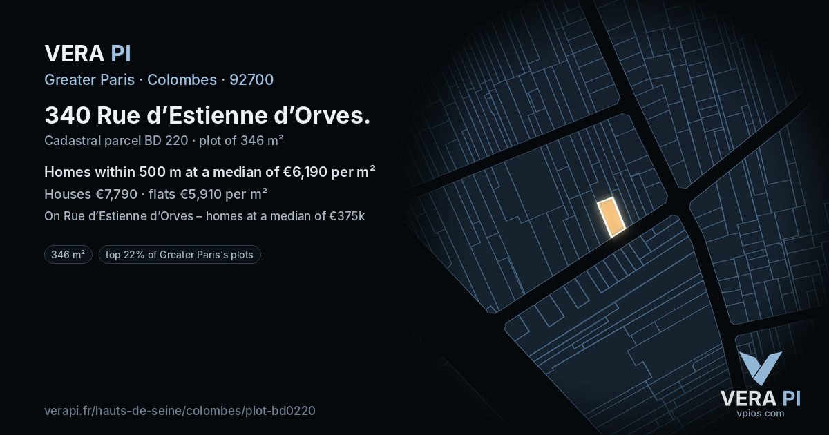 340 Rue d’Estienne d’Orves, Colombes at night – the plot lit, the parcels around coloured by the prices near them