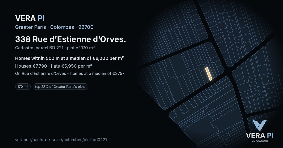 338 Rue d’Estienne d’Orves, Colombes at night – the plot lit, the parcels around coloured by the prices near them