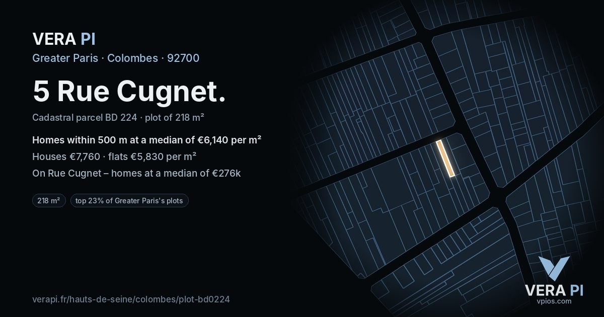 5 Rue Cugnet, Colombes at night – the plot lit, the parcels around coloured by the prices near them