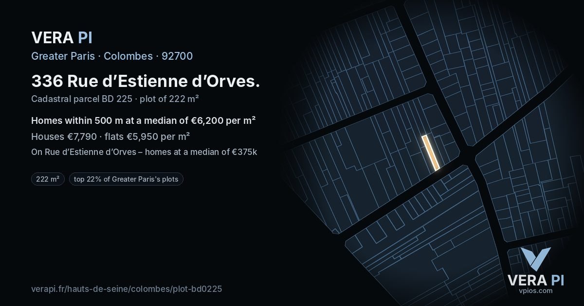 336 Rue d’Estienne d’Orves, Colombes at night – the plot lit, the parcels around coloured by the prices near them