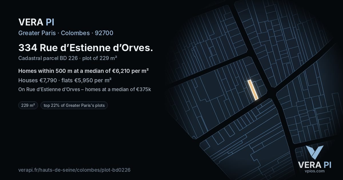 334 Rue d’Estienne d’Orves, Colombes at night – the plot lit, the parcels around coloured by the prices near them