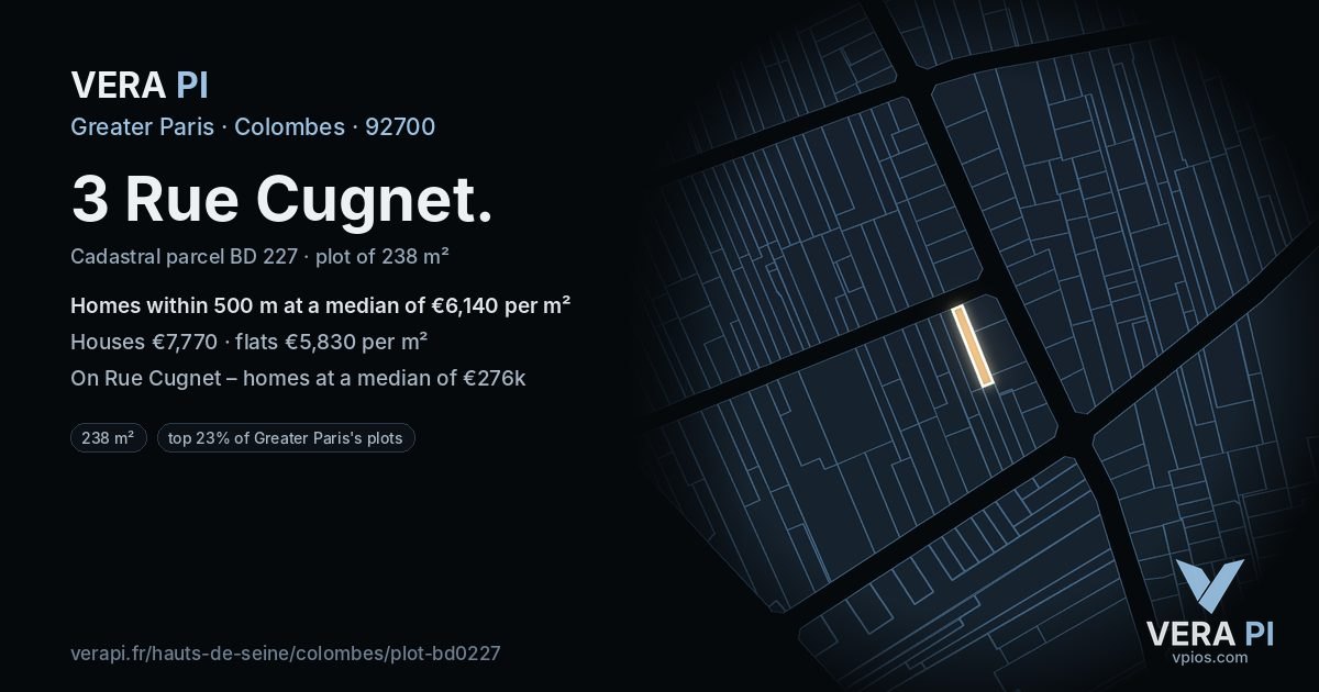 3 Rue Cugnet, Colombes at night – the plot lit, the parcels around coloured by the prices near them