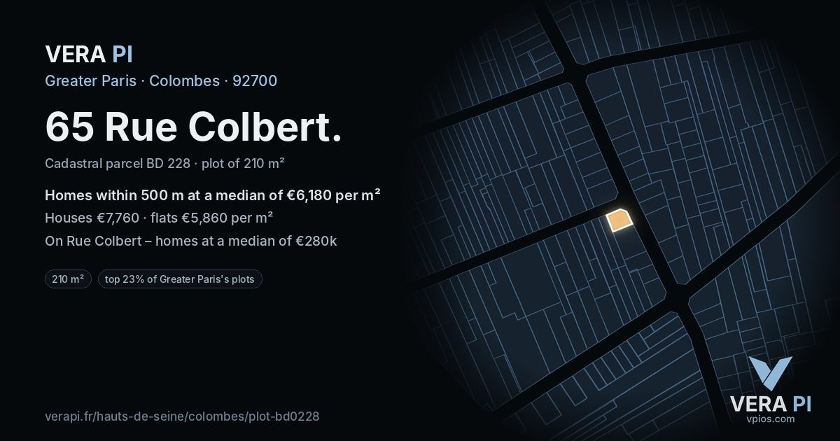 65 Rue Colbert, Colombes at night – the plot lit, the parcels around coloured by the prices near them