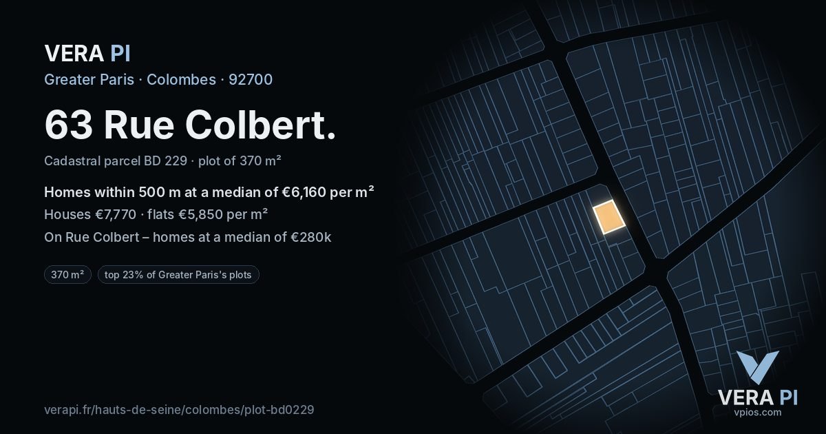 63 Rue Colbert, Colombes at night – the plot lit, the parcels around coloured by the prices near them