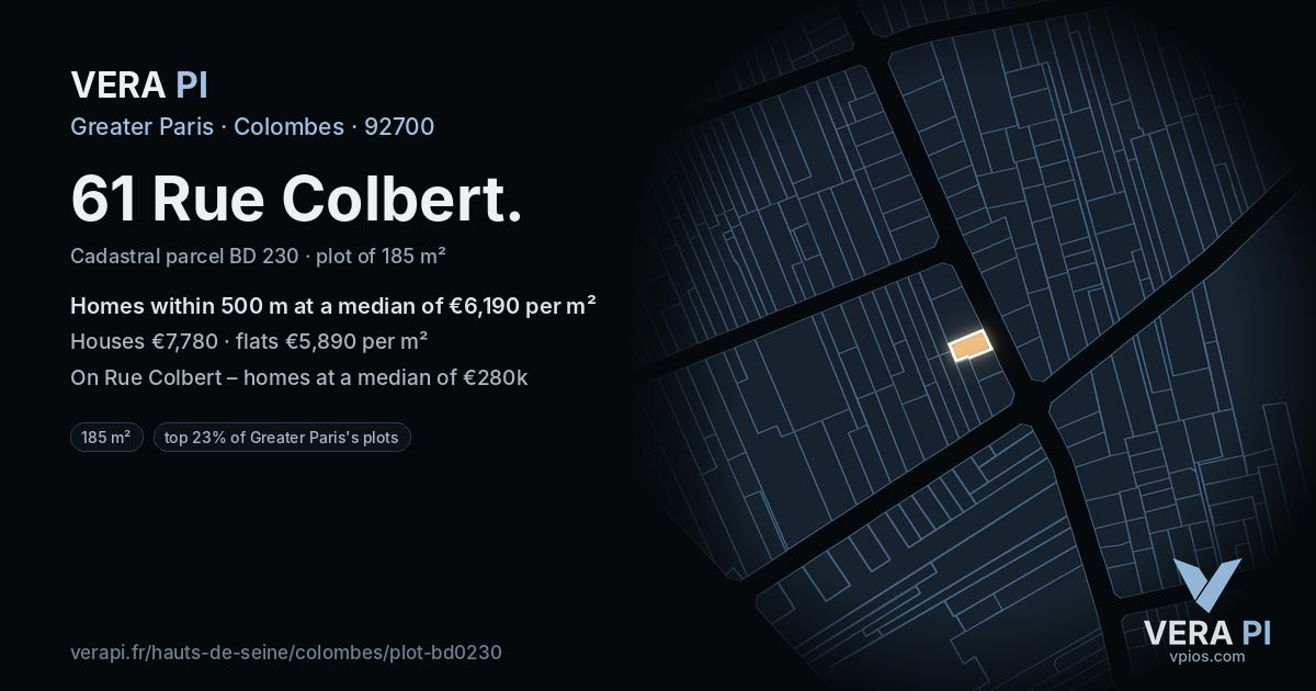 61 Rue Colbert, Colombes at night – the plot lit, the parcels around coloured by the prices near them