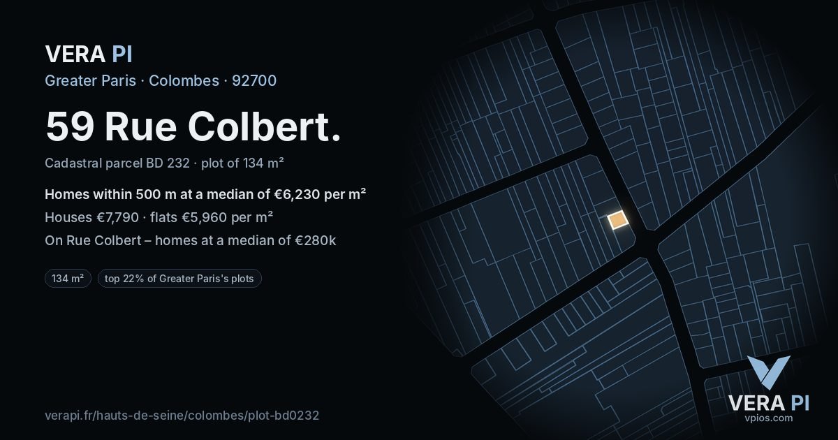 59 Rue Colbert, Colombes at night – the plot lit, the parcels around coloured by the prices near them