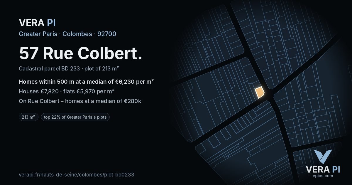 57 Rue Colbert, Colombes at night – the plot lit, the parcels around coloured by the prices near them