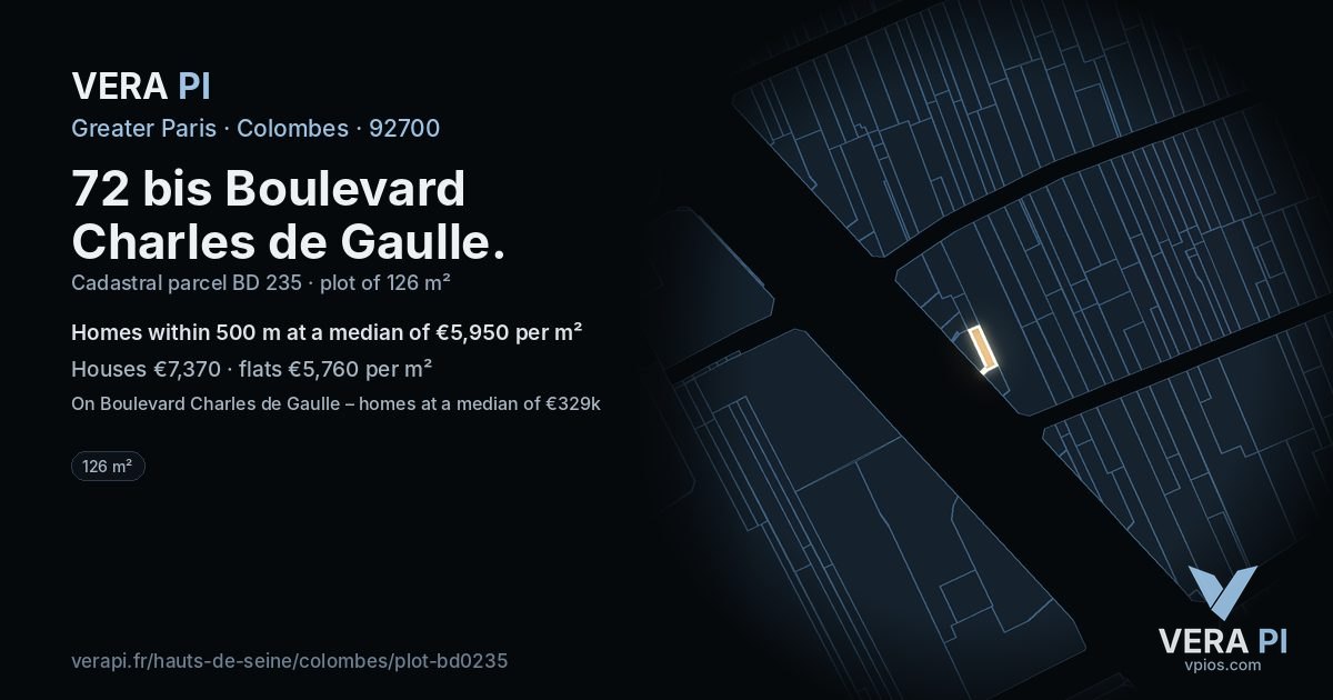 72 bis Boulevard Charles de Gaulle, Colombes at night – the plot lit, the parcels around coloured by the prices near them