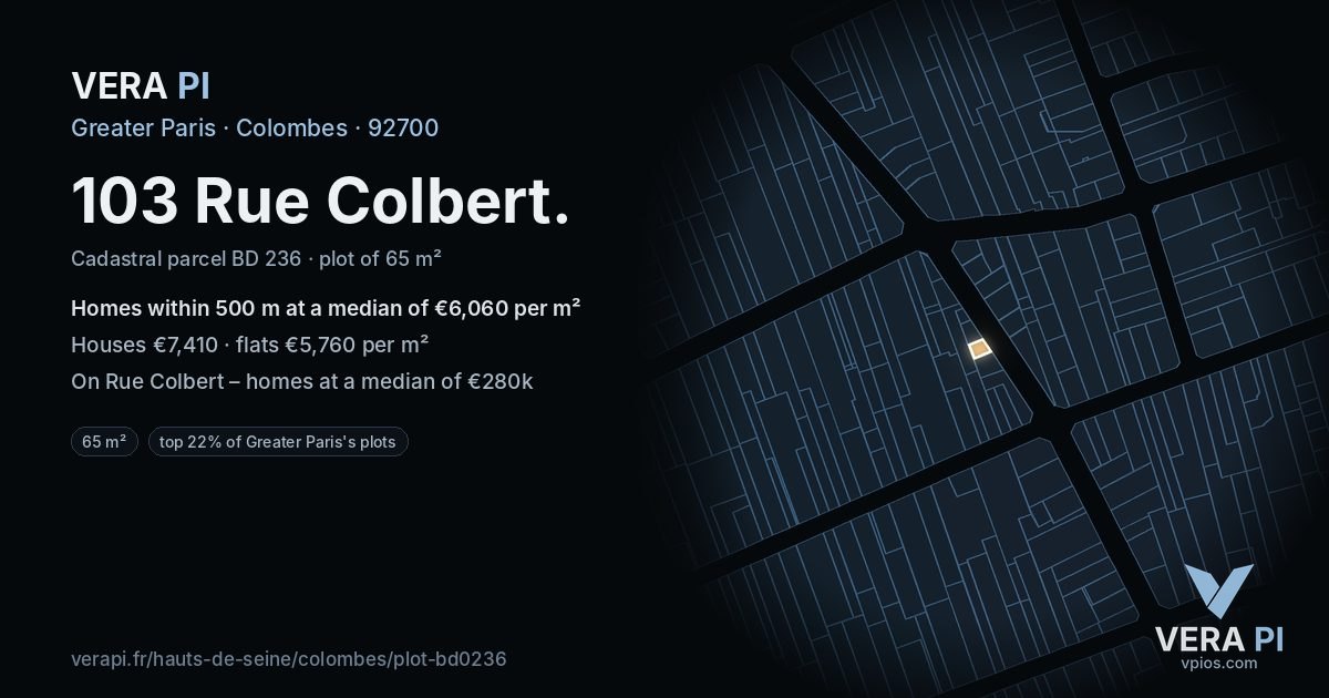 103 Rue Colbert, Colombes at night – the plot lit, the parcels around coloured by the prices near them
