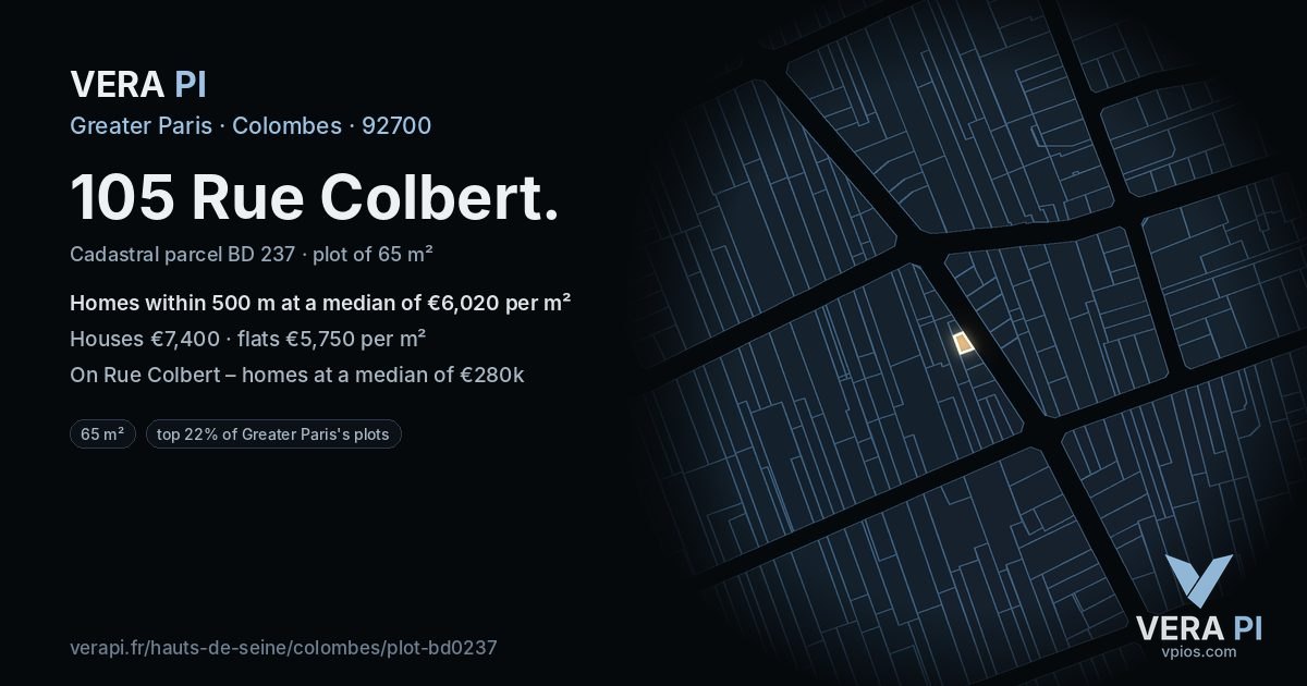 105 Rue Colbert, Colombes at night – the plot lit, the parcels around coloured by the prices near them