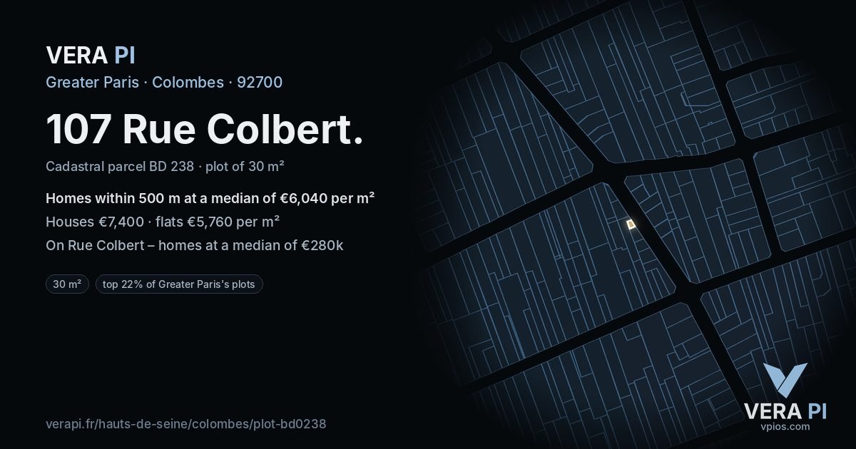 107 Rue Colbert, Colombes at night – the plot lit, the parcels around coloured by the prices near them