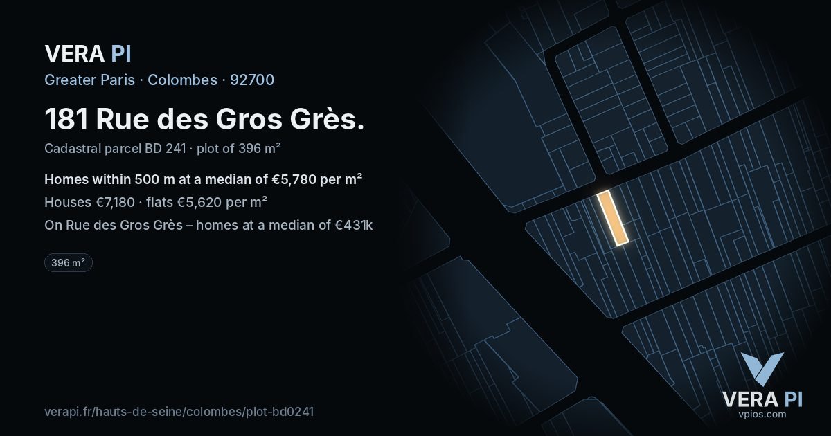 181 Rue des Gros Grès, Colombes at night – the plot lit, the parcels around coloured by the prices near them