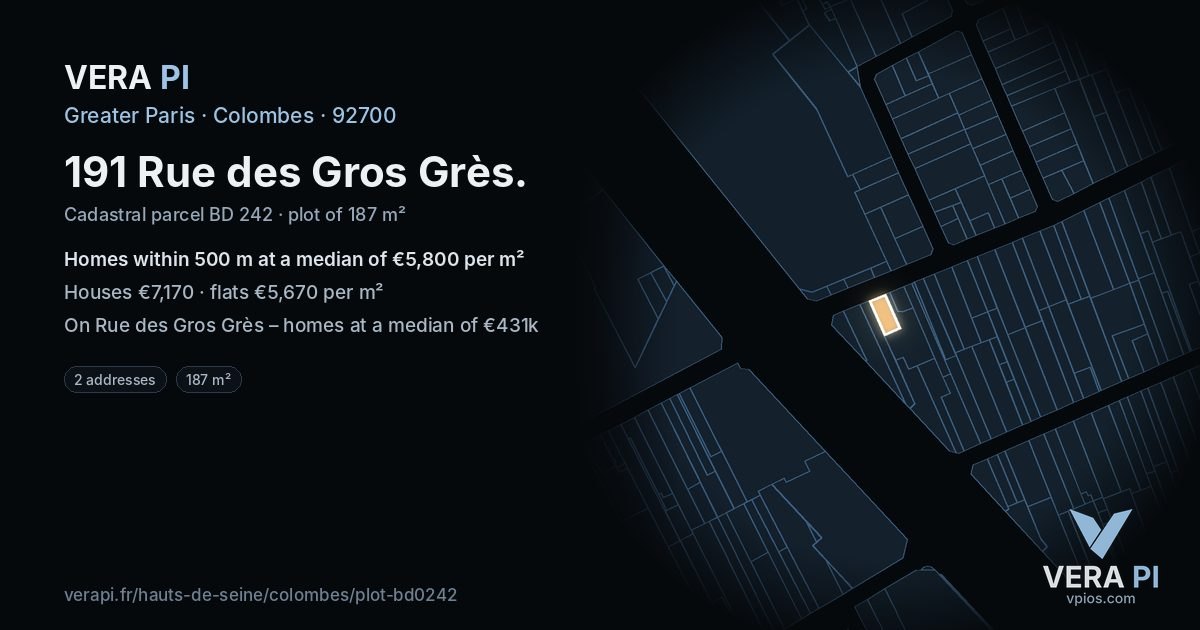 191 Rue des Gros Grès, Colombes at night – the plot lit, the parcels around coloured by the prices near them