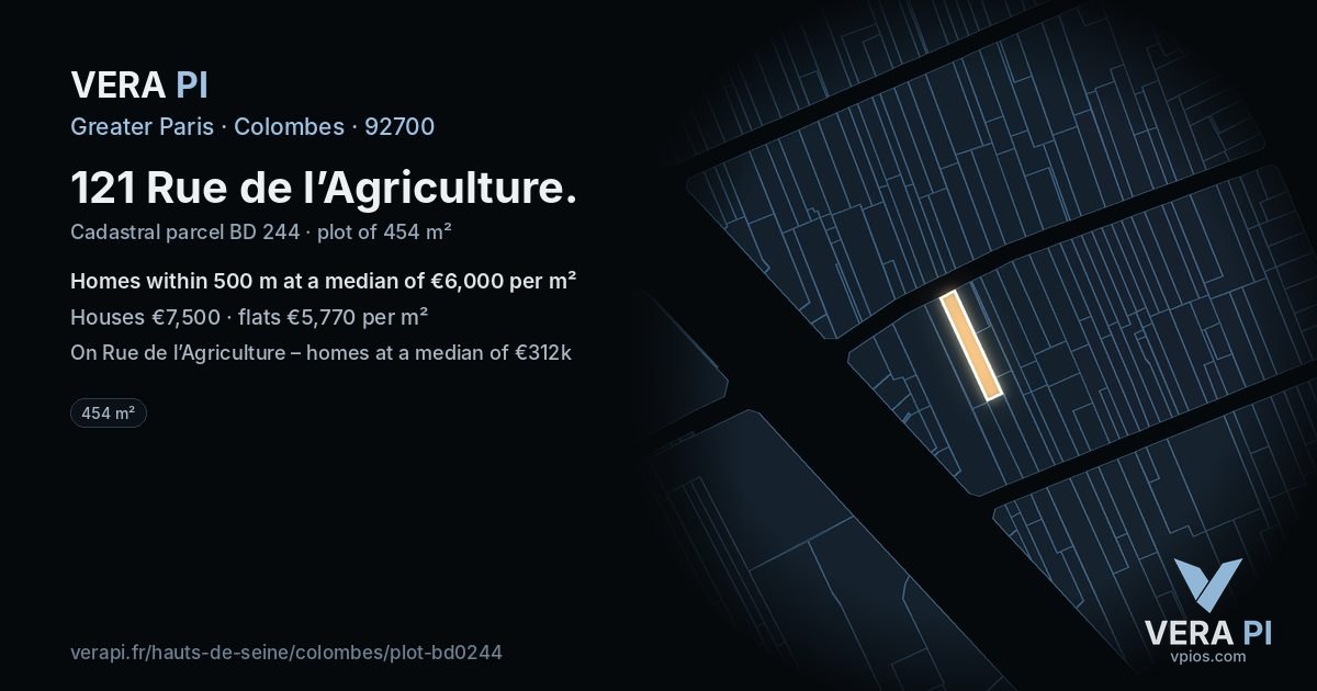 121 Rue de l’Agriculture, Colombes at night – the plot lit, the parcels around coloured by the prices near them