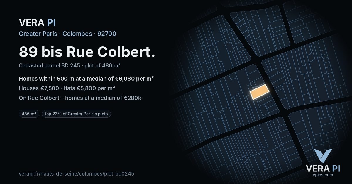 89 bis Rue Colbert, Colombes at night – the plot lit, the parcels around coloured by the prices near them