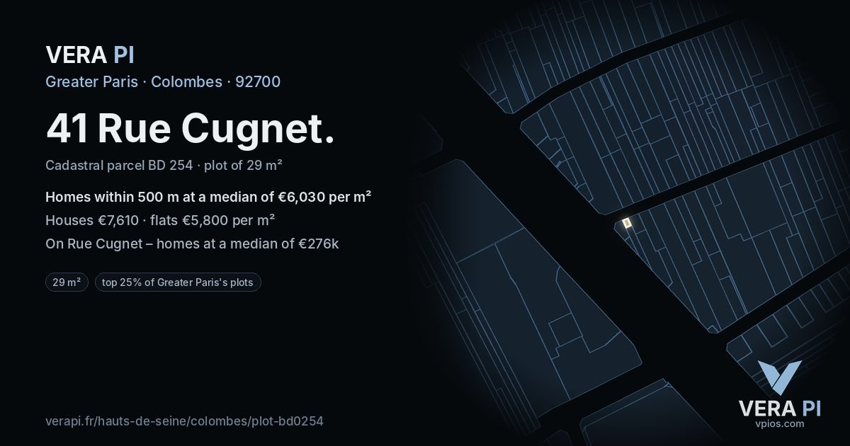 41 Rue Cugnet, Colombes at night – the plot lit, the parcels around coloured by the prices near them