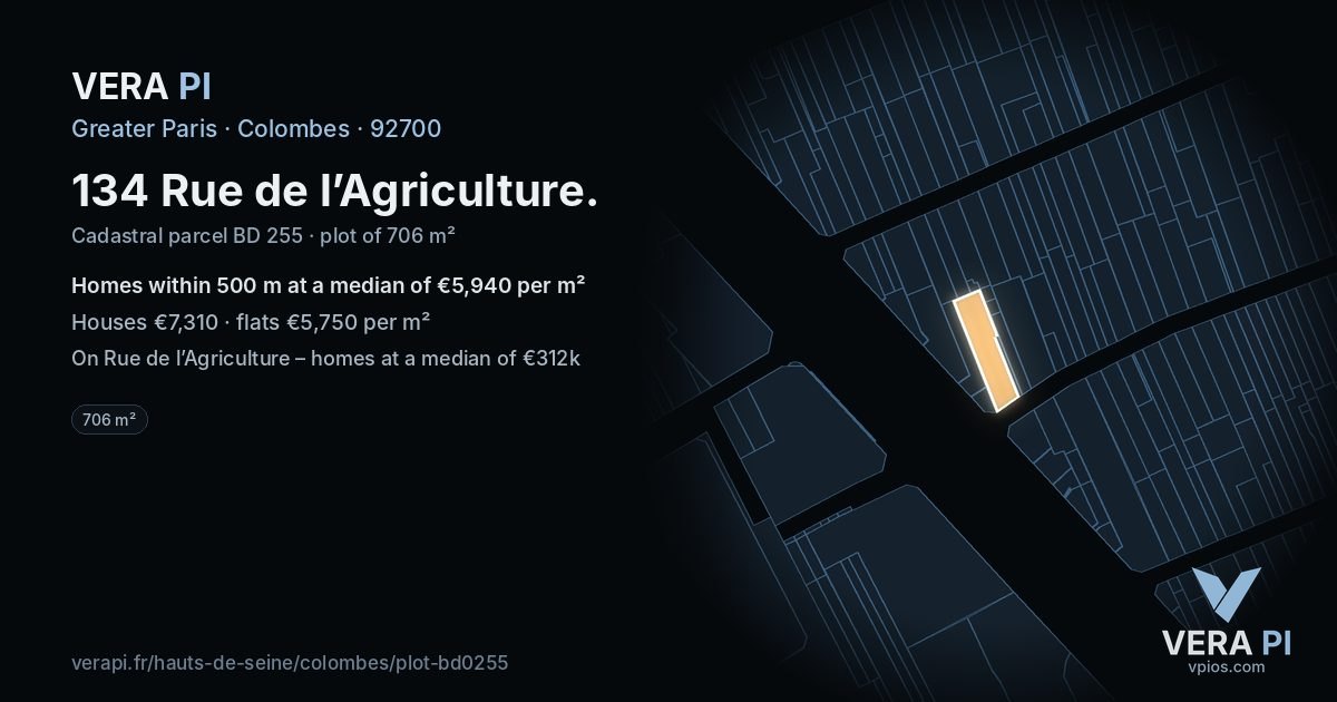 134 Rue de l’Agriculture, Colombes at night – the plot lit, the parcels around coloured by the prices near them